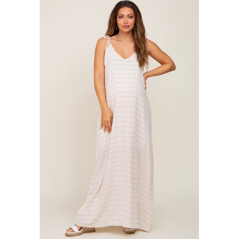 Beige Striped Tie Strap Maternity Maxi Dress