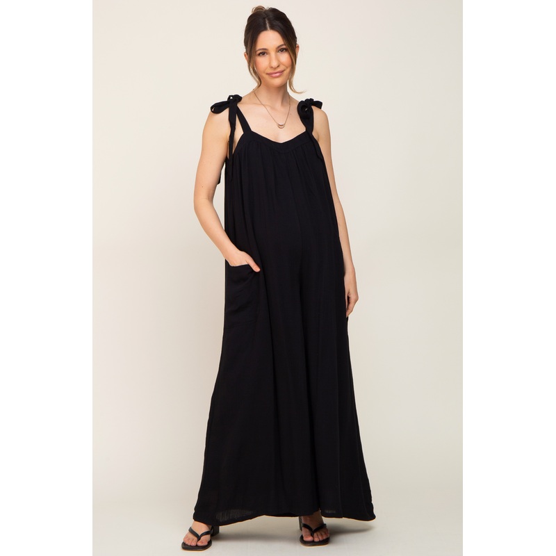 Black Tie Strap Wide Leg Maternity Jumpsuit