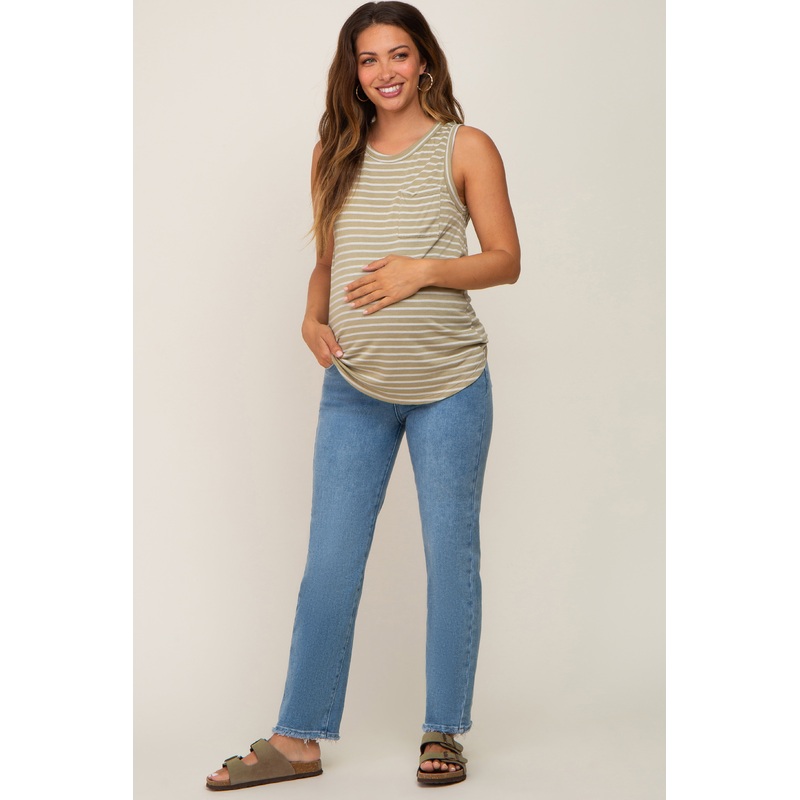 Light Blue Fringe Hem Maternity Straight Leg Jeans
