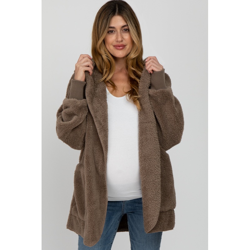 Mocha Fuzzy Hooded Long Sleeve Maternity Jacket