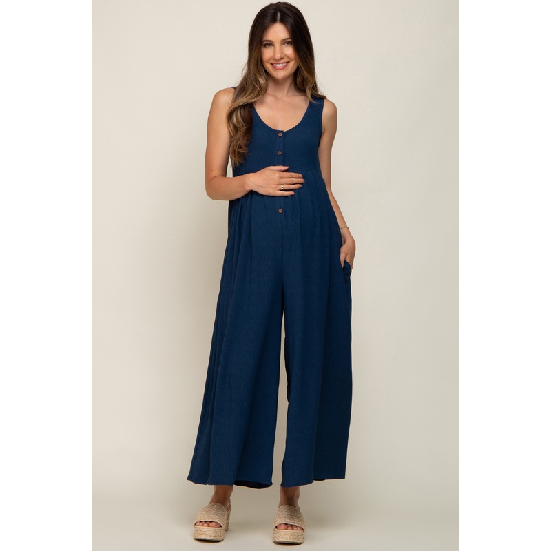 Navy Blue Button Front WIde Leg Maternity Jumpsuit