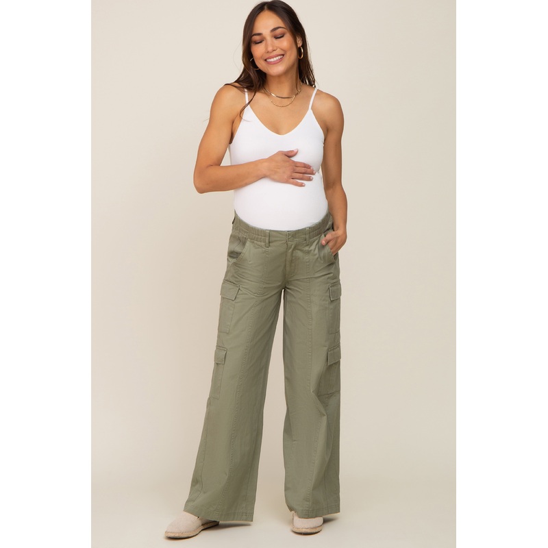 Olive Maternity Double Pocket Wide Leg Cargo Pants
