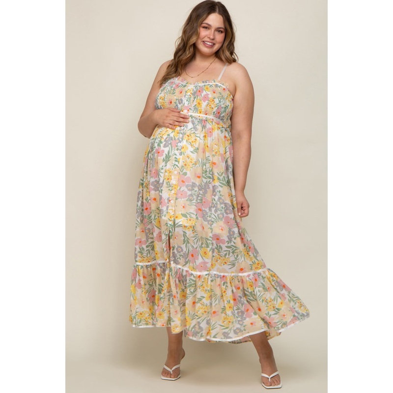 White Floral Sleeveless Button Down Plus Maternity Maxi Dress