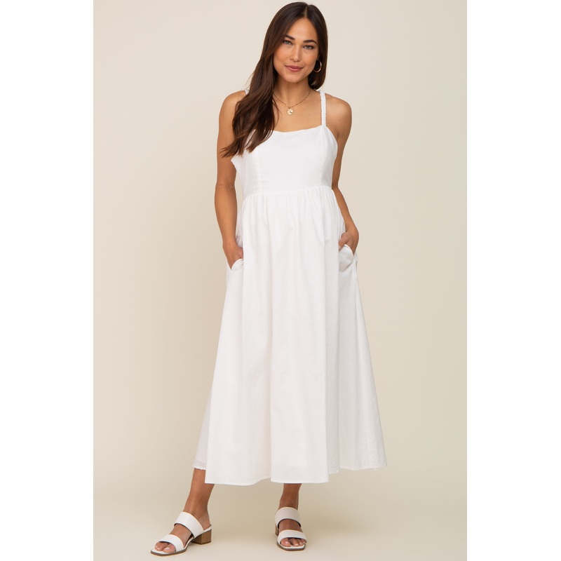 White Linen Square Neck Lace-Up Back Maternity Midi Dress