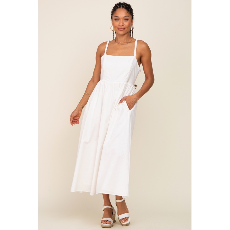 White Linen Square Neck Lace-Up Back Midi Dress