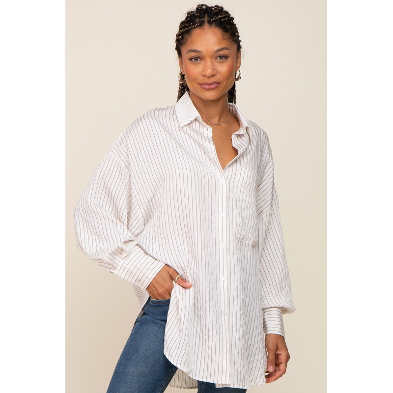 White Striped Button Up Long Sleeve Top