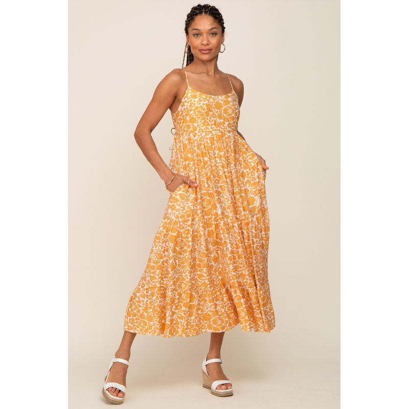 Yellow Floral Tiered Midi Dress