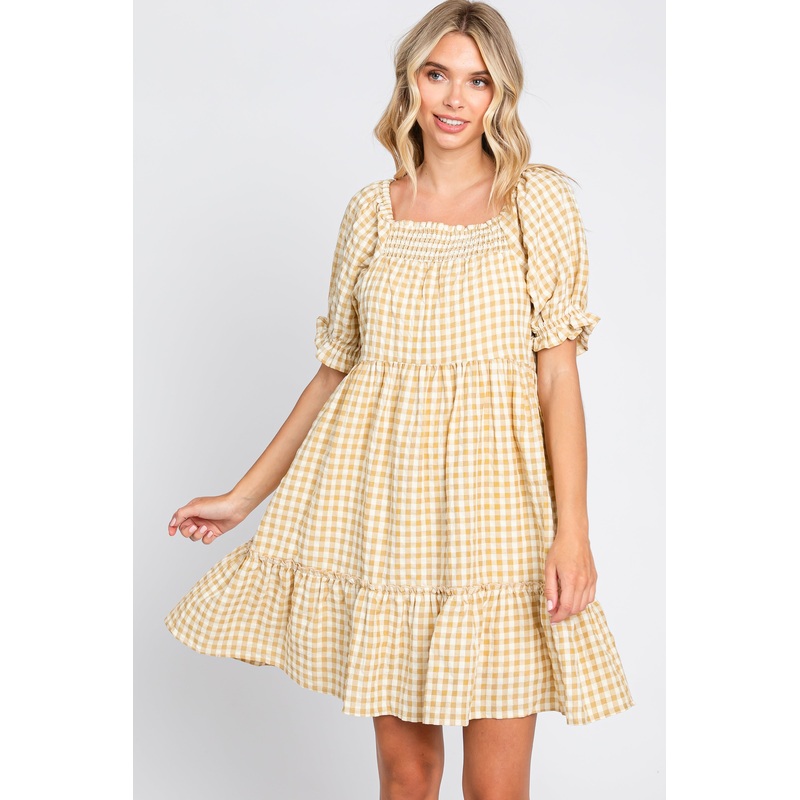 Yellow Gingham Tiered Dress