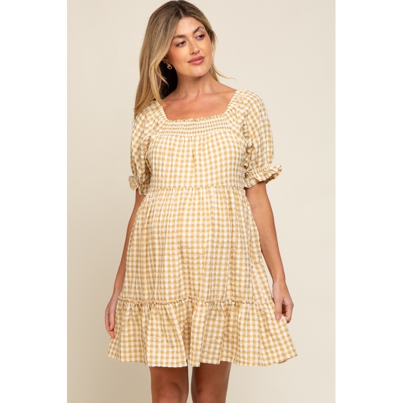 Yellow Gingham Tiered Maternity Dress