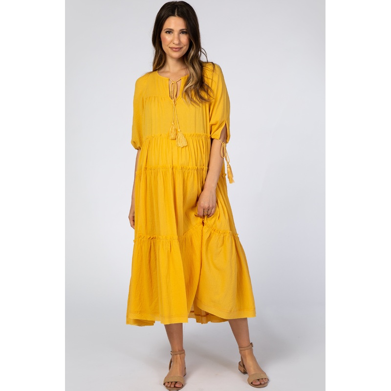 Yellow Ruffle Tier Tassel Trim Maternity Midi Dress