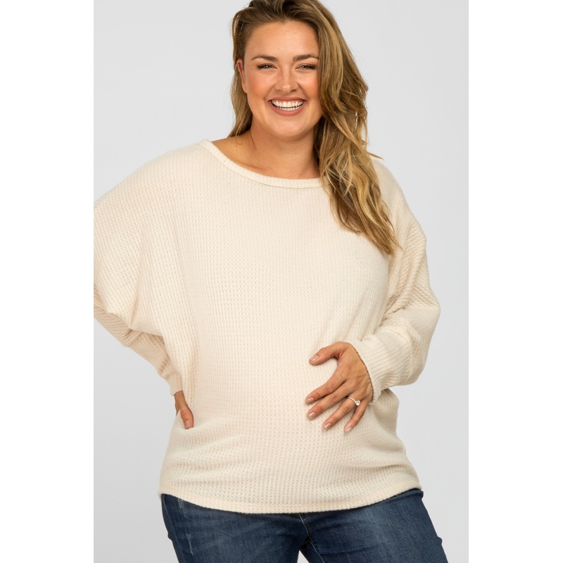Beige Brushed Waffle Knit Dolman Maternity Plus Top