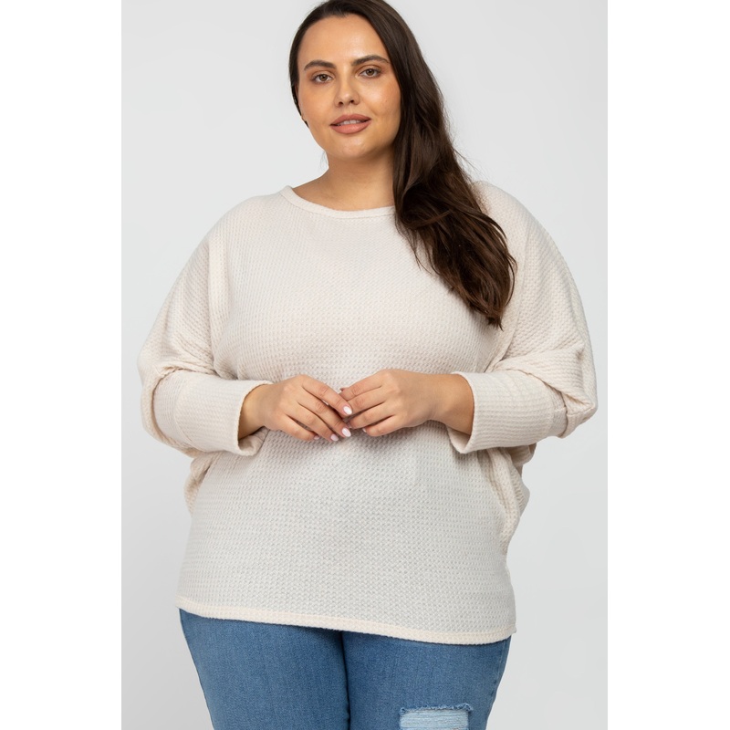 Beige Brushed Waffle Knit Dolman Plus Top