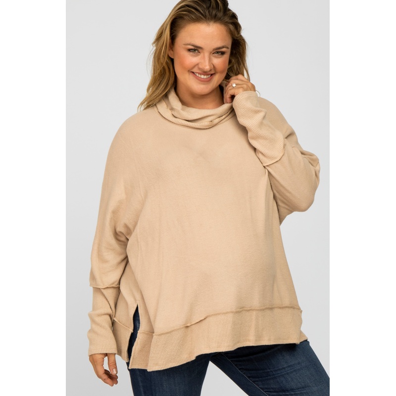 Beige Soft Knit Dolman Sleeve Cowl Neck Maternity Plus Top