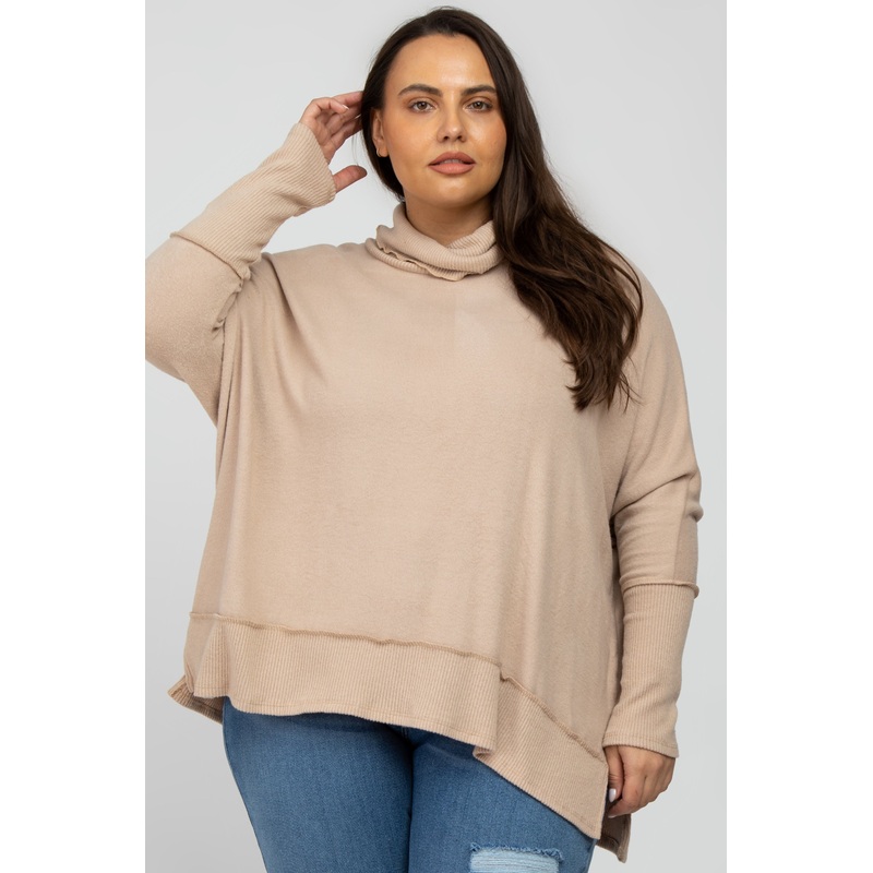 Beige Soft Knit Dolman Sleeve Cowl Neck Plus Top