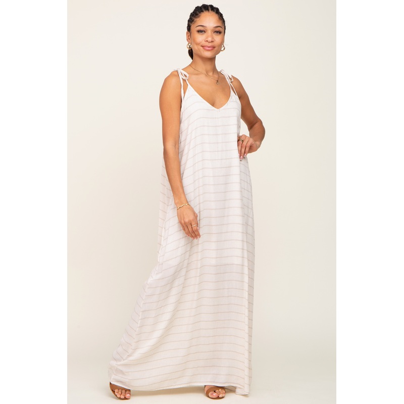 Beige Striped Tie Strap Maxi Dress