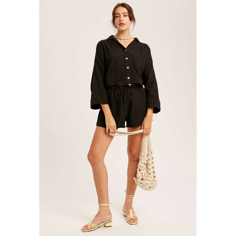 Black Button Down Crop Top And Shorts Sets