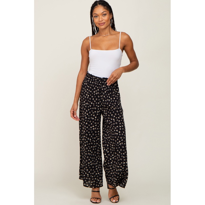 Black Floral Wide Leg Pants