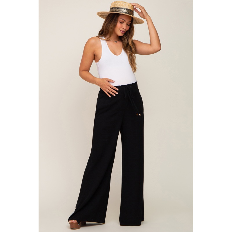 Black Smocked Waist Wide Leg Linen Maternity Pants