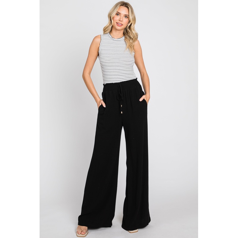 Black Smocked Waist Wide Leg Linen Pants