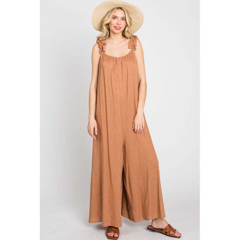 Camel Linen Ruffle Strap Jumpsuit