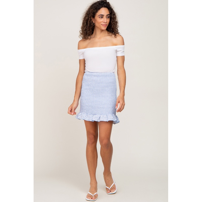 Light Blue Plaid Smocked Mini Skirt