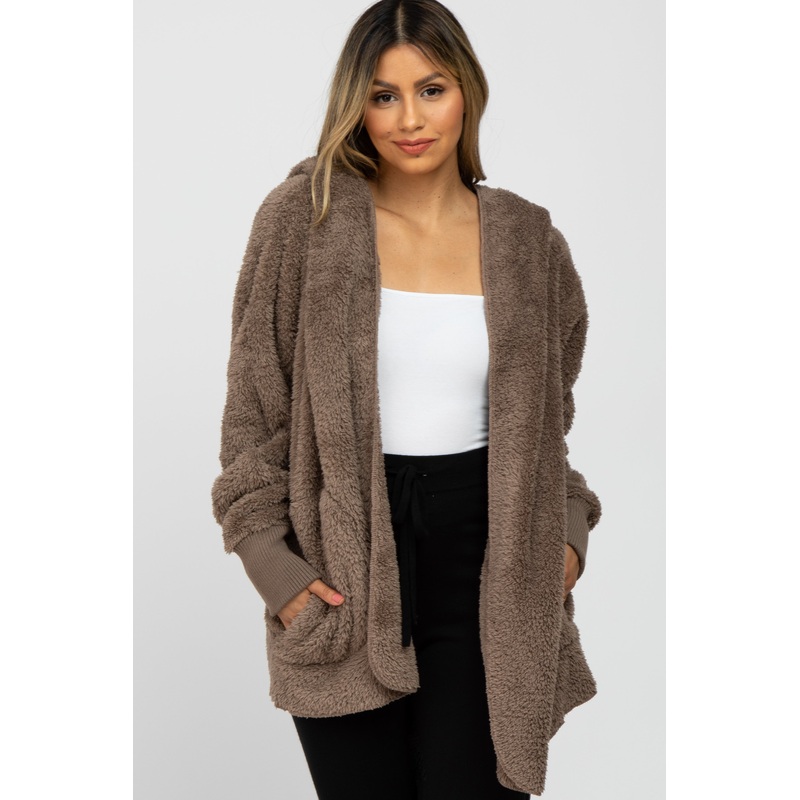 Mocha Fuzzy Hooded Long Sleeve Jacket