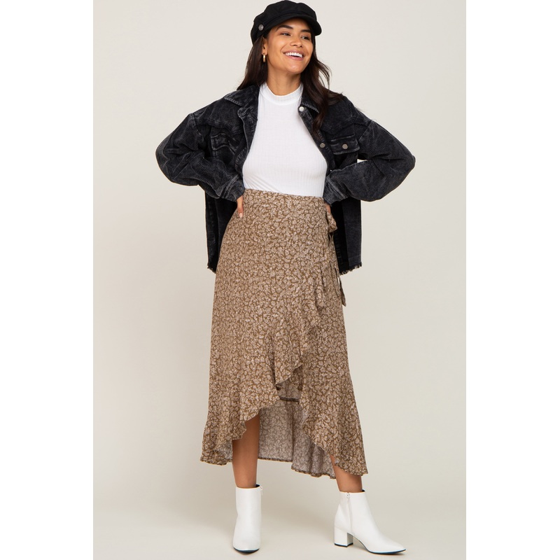 Olive Floral Ruffle Wrap Maternity Skirt