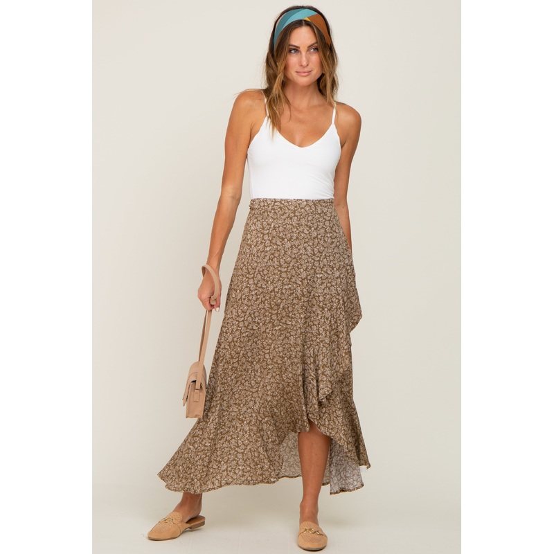 Olive Floral Ruffle Wrap Skirt