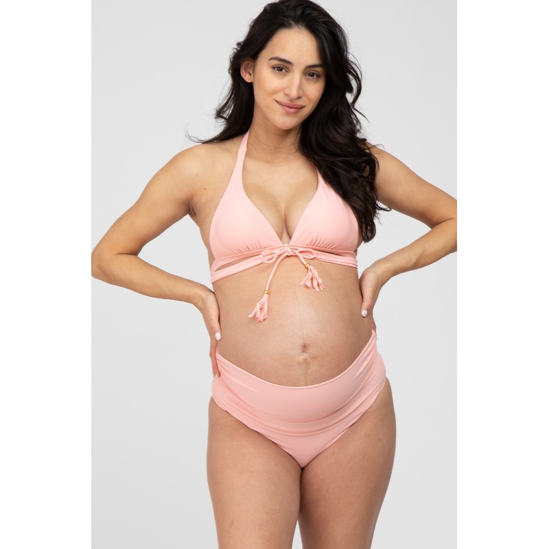 Pink Tie Front Side Strap Maternity Bikini Set