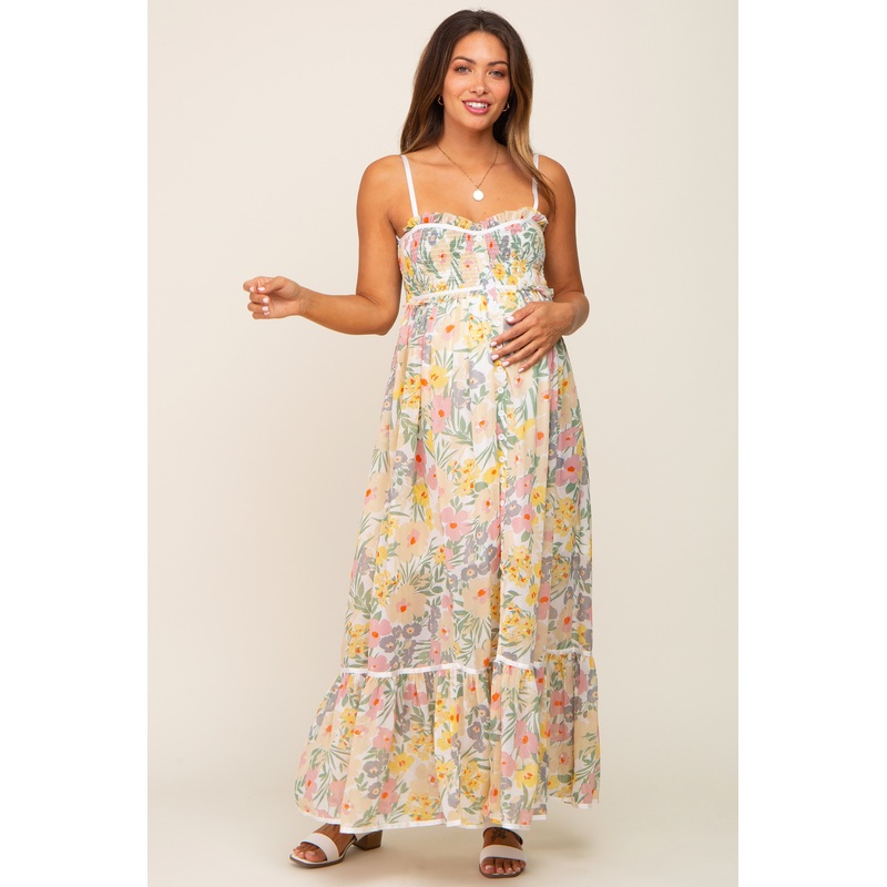 White Floral Sleeveless Button Down Maternity Maxi Dress