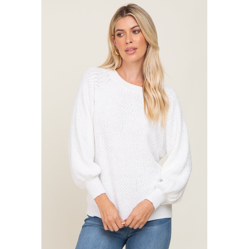 White Popcorn Knit Raglan Sweater
