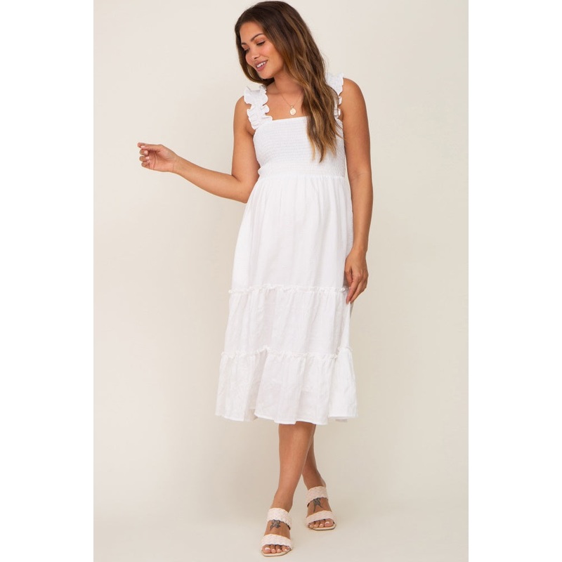 White Smocked Square Neck Ruffle Strap Tiered Maternity Midi Dress
