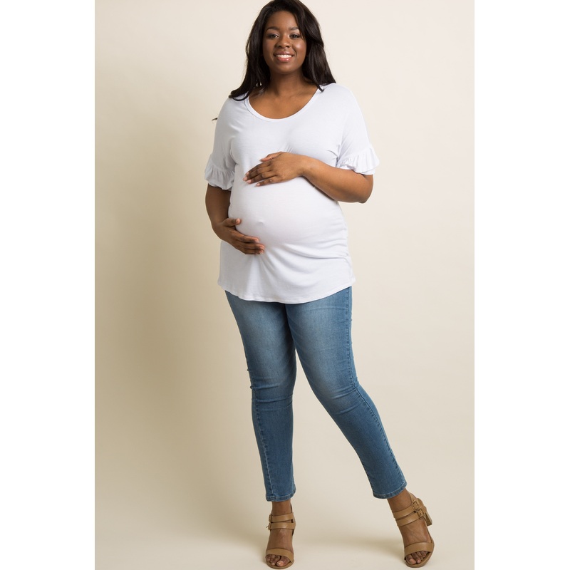 White Solid Ruffle Sleeve Plus Maternity Top