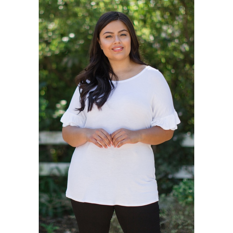 White Solid Ruffle Sleeve Plus Top