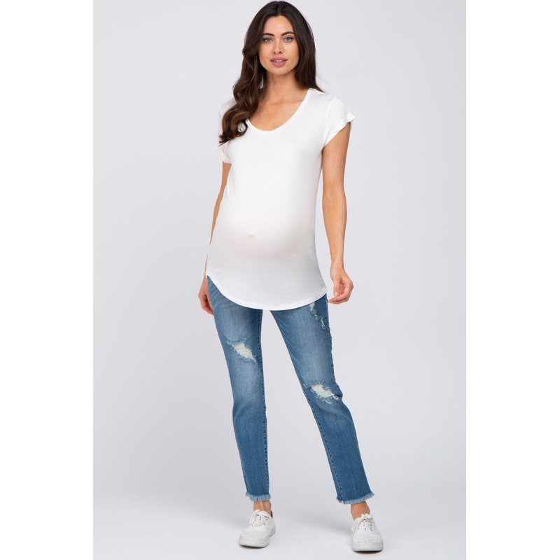 White Solid Short Sleeve Curved Hem Maternity Top