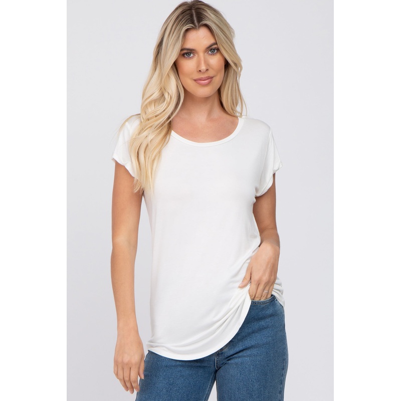 White Solid Short Sleeve Curved Hem Top