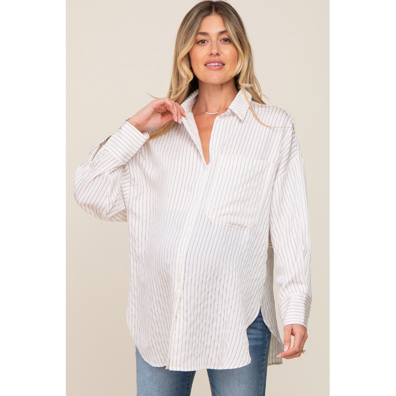 White Striped Button Up Long Sleeve Maternity Top