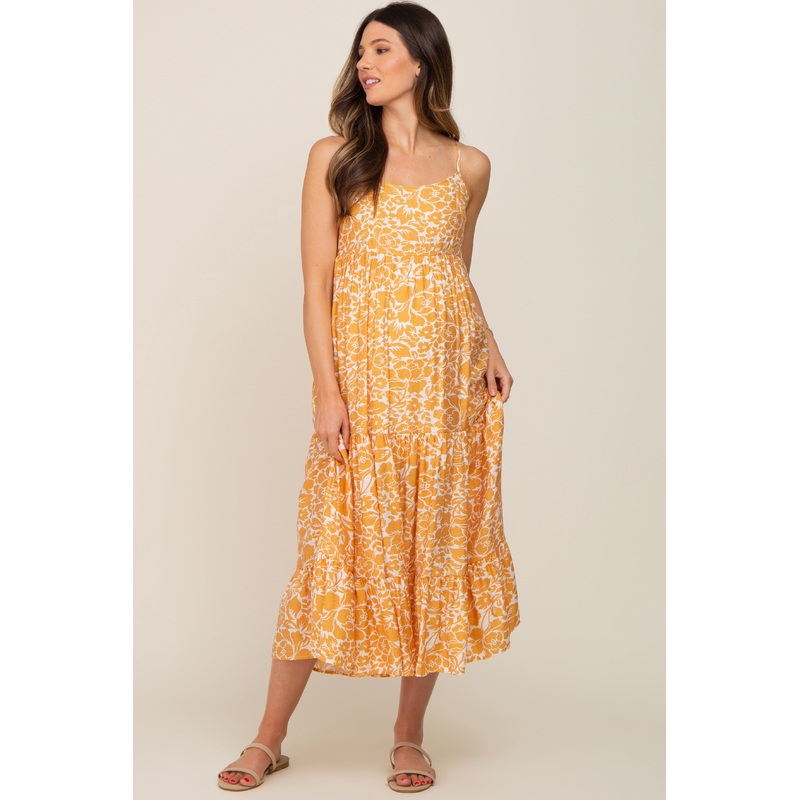 Yellow Floral Tiered Maternity Midi Dress