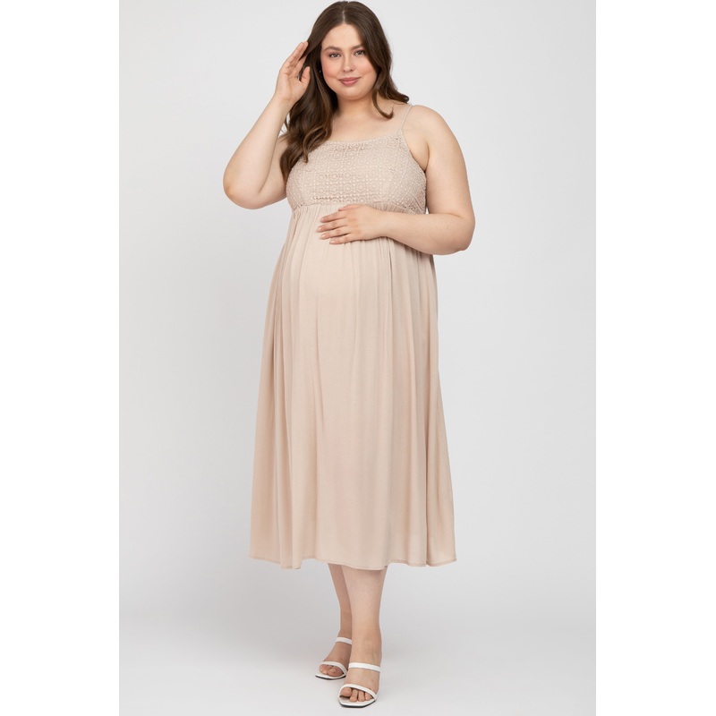 Beige Crochet Top Maternity Plus Midi Dress