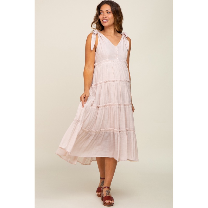 Beige Linen Button Front Shoulder Tie Tiered Maternity Midi Dress