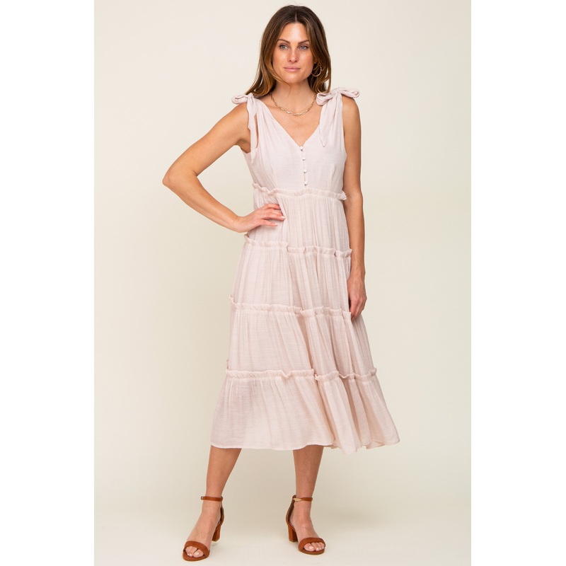 Beige Linen Button Front Shoulder Tie Tiered Midi Dress