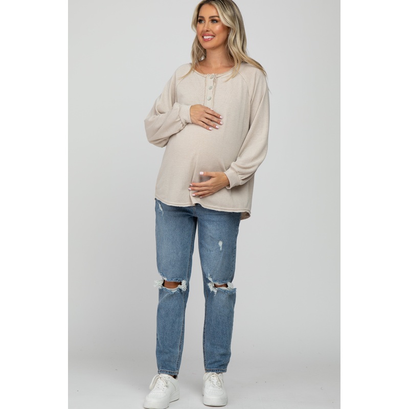 Beige Long Sleeve Button Front Maternity Top