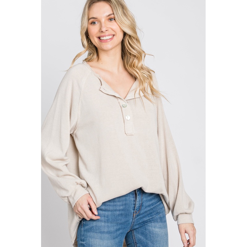 Beige Long Sleeve Button Front Top