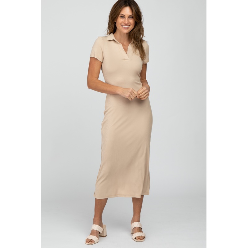 Beige Ribbed Collared Fitted Midi Dress
