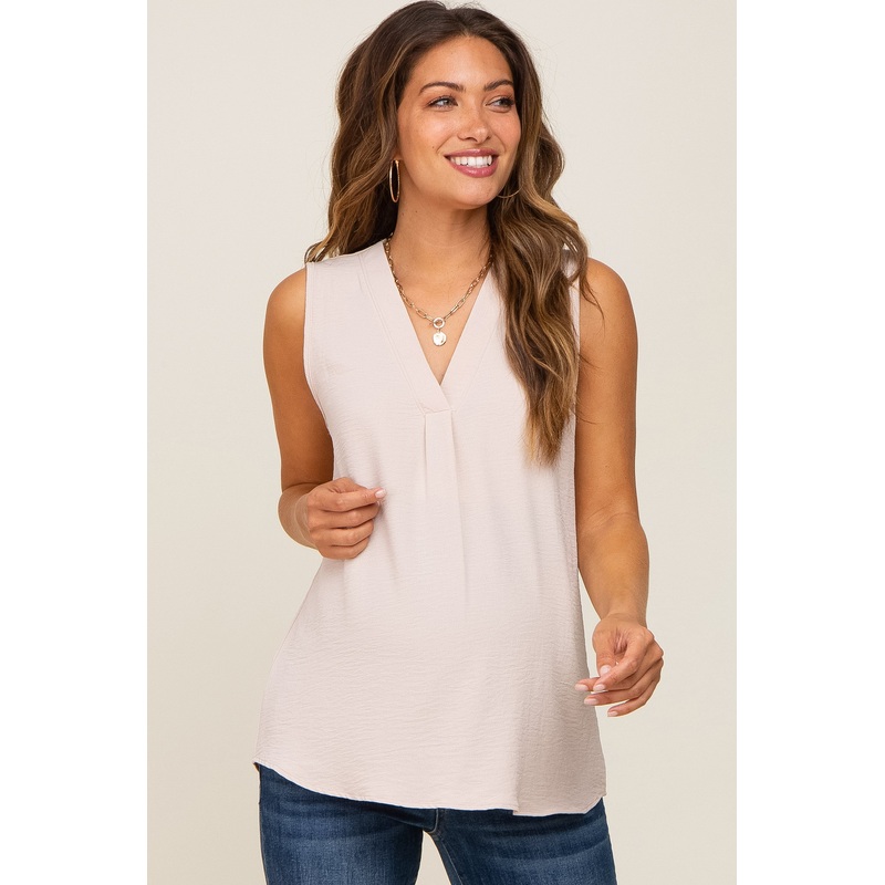 Beige Solid V-Neck Sleeveless Maternity Top