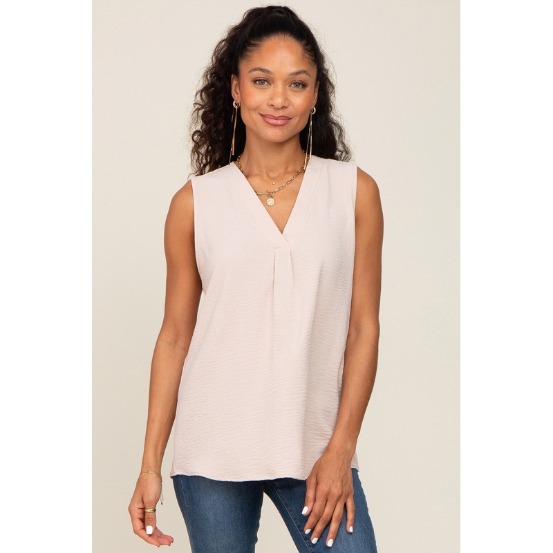 Beige Solid V-Neck Sleeveless Top