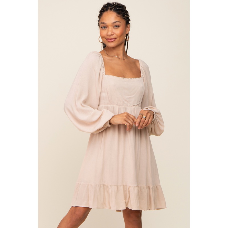 Beige Square Neck Puff Long Sleeve Dress