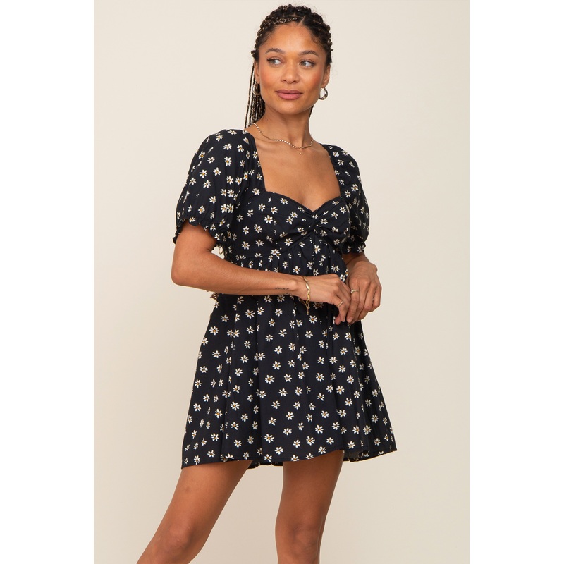 Black Floral Puff Sleeve Romper