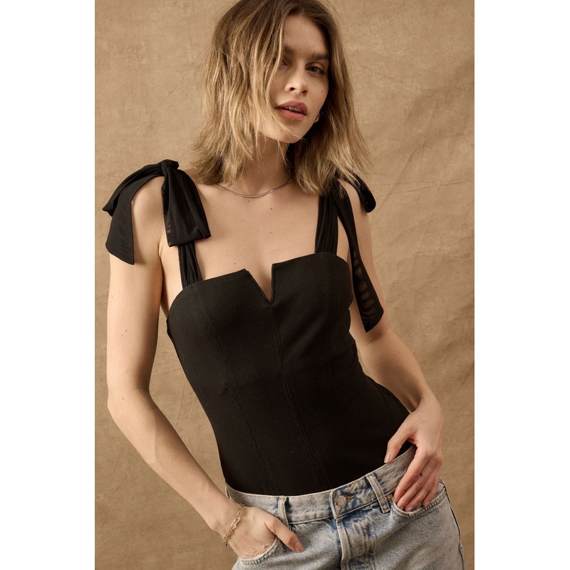 Black Solid V Neck Tie Shoulder Strap Bodysuit