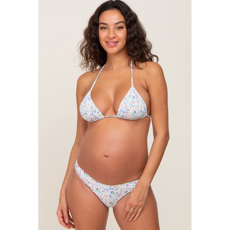 Blue Floral Smocked Maternity Bikini Set